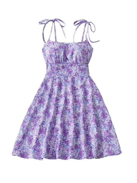 Floral Print Dress Summer Sweet A- Line Waist Trimming Dresses Women's Slimming Casual Clothing