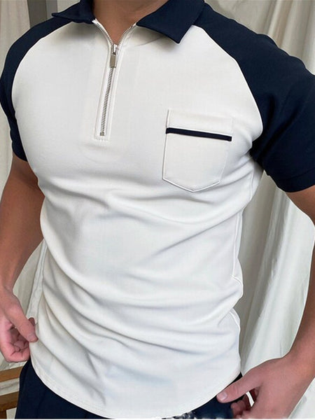Men's Polo Shirt Men Solid Polo Shirts Brand Men Short-Sleeved Shirt Summer Shirt Man Clothing model wearing a stylish zip-up polo shirt.
