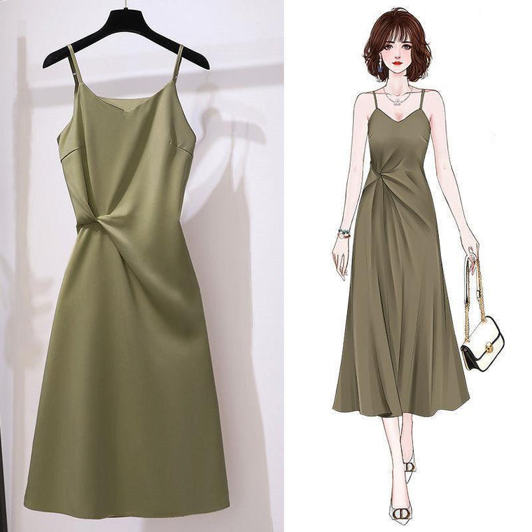 Avocado Green Suspender Dress Women''s Design in Summer