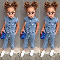 Short-Sleeved Girls Denim Jumpsuit For Kids In Summer Fashion Romper