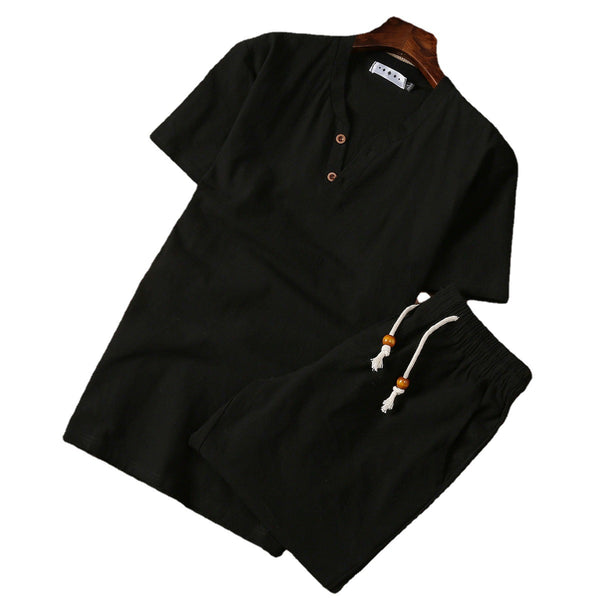 Cotton And Linen Two-piece Buckle Suit Casual V-neck Two-piece Set in black featuring a relaxed fit and shorts.