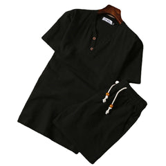 Cotton And Linen Two-piece Buckle Suit Casual V-neck Two-piece Set in black featuring a relaxed fit and shorts.