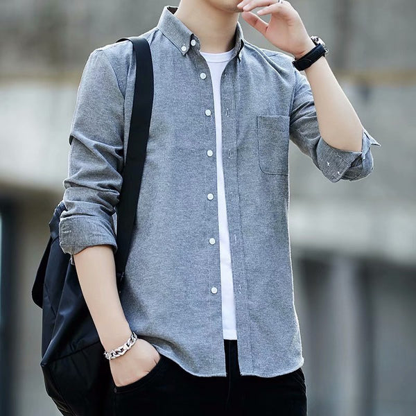 Oxford-cloth Casual Slim-fit Solid-color Shirt For Men