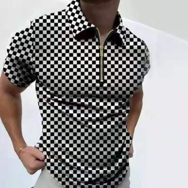 Men's Polo Shirt Men Solid Polo Shirts Brand Men Short-Sleeved Shirt Summer Shirt Man Clothing in a black and white checkered design.
