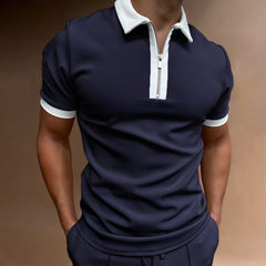 Men's Polo Shirt Men Solid Polo Shirts Brand Men Short-Sleeved Shirt Summer Shirt Man Clothing in navy blue with a zip collar.