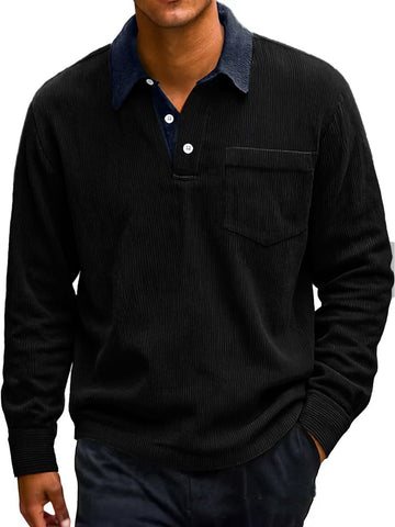 Men's Vintage Corduroy Button Long Sleeve Polo Shirt