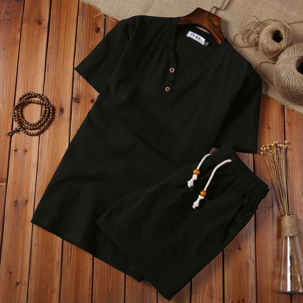 Cotton And Linen Two-piece Buckle Suit Casual V-neck Two-piece Set