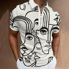 Men's Polo Shirt Men Solid Polo Shirts Brand Men Short-Sleeved Shirt Summer Shirt Man Clothing featuring artistic face design.