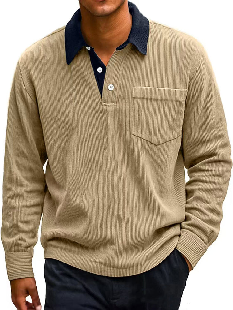 Men's Vintage Corduroy Button Long Sleeve Polo Shirt