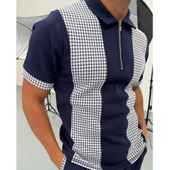 Men's Polo Shirt Men Solid Polo Shirts Brand Men Short-Sleeved Shirt Summer Shirt Man Clothing in navy with checkered design.
